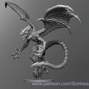 May include: A gray, detailed, 3D printed miniature of a dragon with wings spread, a long tail, and sharp claws. The dragon is posed in a mid-air attack position.