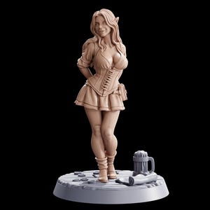 May include: A tan-coloured figurine of a woman in a fantasy-themed outfit, including a corset and short skirt. The figure has long hair and pointed ears, and is standing on a circular base with a beer mug and a rolled-up scroll.