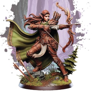 May include: An illustration of an archer in brown armour, drawing a bow. The archer has long, flowing auburn hair and is wearing a green cape. Two arrows are on the ground, and a small fir tree is visible.