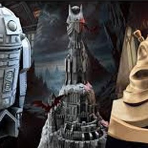 May include: Three 3D printed figurines: a white R2-D2 robot, a gray tower, and a brown Sorting Hat from the Harry Potter series.