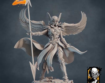May include: A 3D printed miniature of a female warrior with wings, wearing armor and holding a spear. The miniature is painted in a light gray color and is standing on a base with a textured surface. The miniature is part of a collection of 3D printable heroes and villains.