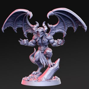 May include: A gray, 3D-printed figurine of a winged demon with horns, a tail, and a muscular physique. The demon is standing on a rocky base with its arms outstretched. The wings are large and detailed.