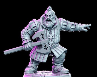 May include: A detailed 3D-printed miniature of a fantasy dwarf warrior. The figure is clad in ornate armor and holds a battle axe. The dwarf has a stern expression, a large beard, and a mohawk hairstyle. The miniature is on a circular base.