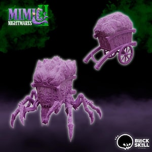May include: Purple plastic miniature of a spider-like creature with a chest-like body and multiple legs. The creature is carrying a small, purple, chest-like object. The miniature is part of a game called "Mimic II Nightmares".