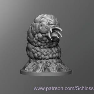 May include: A grey 3D printed miniature of a monstrous creature with a bulbous body and a single, sharp, claw-like appendage. The creature is standing on a round base.