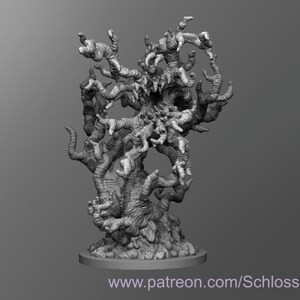 May include: A grey, detailed, 3D printed miniature of a gnarled tree with many branches and roots. The tree has a menacing, skeletal appearance.