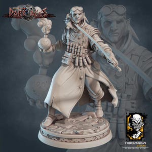 May include: A detailed miniature figurine of a fantasy character, a gnome with a long white coat, goggles, and a sword. He is holding a bomb with a skull and crossbones design. The figurine is painted in a light grey colour and is standing on a stone base.