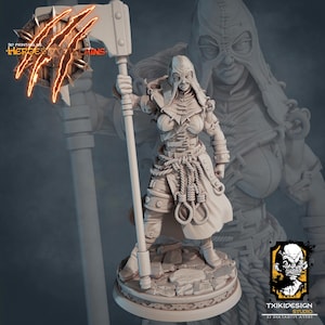 May include: A 3D printed miniature of a female figure wearing a hooded robe and holding a large axe. The figure is standing on a stone base. The miniature is painted in a light grey colour.