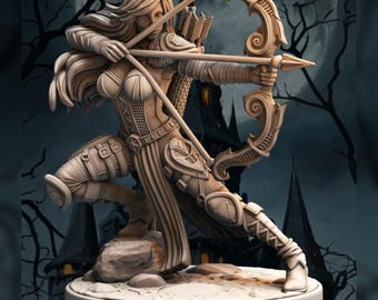 May include: A detailed beige figurine of a woman archer in a dynamic pose, drawing back a bow. The figure is clad in ornate armor and stands on a circular base. The background features a castle silhouette and a full moon.