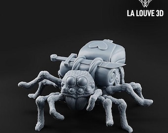 May include: A gray 3D-printed model of a spider with a backpack and a small cylindrical object attached. The spider has multiple legs and a detailed head. The text "LA LOUVE 3D" is in the upper right corner.