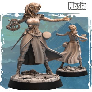 May include: A detailed figurine of a female elf, holding a lyre and a sword, with a flowing gown and boots. The figurine is in a dynamic pose, with one arm outstretched. The word "Missia" is displayed at the top right.