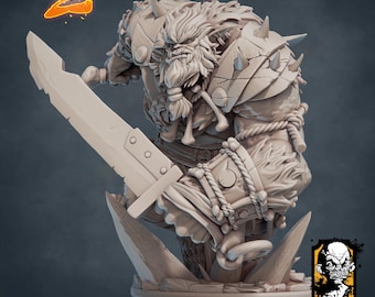 May include: A detailed 3D-printed figurine of a warrior, holding a large sword. The figure has a fur-like texture, armor, and a long beard. The base has a decorative pattern. The image includes the text "3D PRINTABLES HEROES & VILLAINS" and a studio logo.