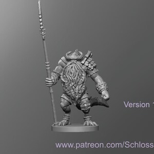 May include: A gray 3D printed miniature of a humanoid creature with a beard, wearing armor and holding a spear. The miniature is standing on a round base. The text "Version 1" and "www.patreon.com/Schlossbauer" are visible below the miniature.