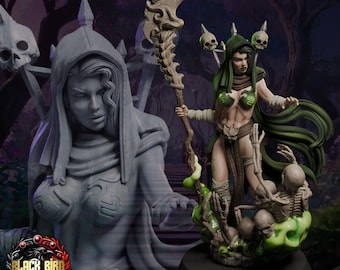May include: A detailed figurine of a female figure in a hooded cloak, holding a scythe. The figure is in a green and brown outfit, with skulls and skeletons at the base. The figurine is on a black base, with the Black Bird Miniatures logo.