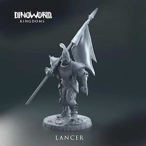 May include: A gray plastic miniature figurine of a knight holding a spear and a flag. The knight is wearing armor and a helmet. The flag is white with a black design. The base of the figurine is gray and has the word "LANCER" printed on it. The figurine is part of the DinoWorld Kingdoms line.