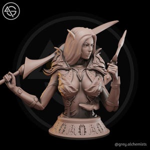 May include: A detailed bust of a female fantasy character with pointed ears, holding a sword and a dagger. The figure wears ornate armor and has long hair. The bust is a neutral color and sits on a decorative base.