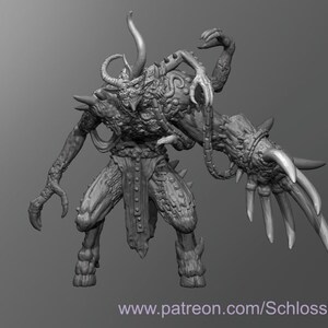 May include: A detailed 3D printed model of a monstrous creature with horns, claws, and textured, bark-like skin. The creature has multiple arms and a menacing expression.