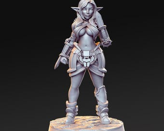 May include: A detailed 3D-printed figurine of a female fantasy character. She is depicted in a dynamic pose, wearing armor and holding a sword. The figure has pointed ears and a detailed design, standing on a circular base. The color is a light gray.