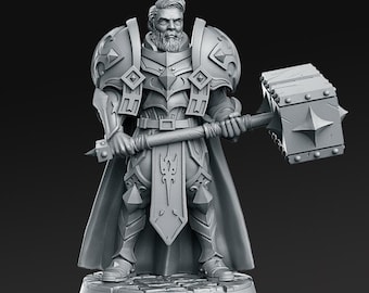 May include: A gray plastic miniature figurine of a warrior wearing armor and holding a large hammer. The warrior has a beard and a serious expression on his face.