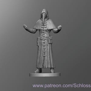 May include: A gray 3D printed miniature of a plague doctor wearing a long robe and a bird-like mask. The figure is standing with its arms outstretched.