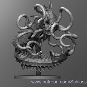 May include: A 3D printed model of a monstrous creature with a segmented body and multiple tentacles. The creature has a menacing expression with sharp teeth and a large, open mouth. The model is painted in a grey colour and is mounted on a base.