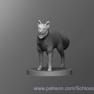 May include: A 3D printed miniature of a snarling wolf with a detailed fur texture. The wolf is standing on a round base.