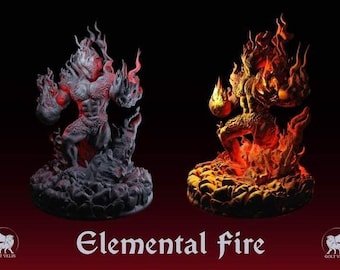 May include: A 3D printed miniature of a fire elemental, a humanoid figure with flames for hair and a fiery base. The figure is shown in two poses, one with a more aggressive stance and the other with a more relaxed stance. The figure is painted in shades of red, orange, and yellow.
