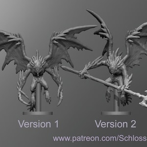May include: Two 3D printed miniature figures of a winged demon holding a spear. The demon has sharp claws and a spiky head. The figures are posed in different positions. Version 1 is on the left and Version 2 is on the right.