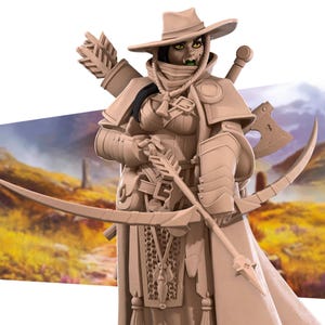 May include: A tan-colored fantasy figurine of a female archer, wearing a hat, armor, and a long coat. She holds a bow and arrow, with a quiver of arrows on her back. An axe is attached to her back. The background shows a landscape.