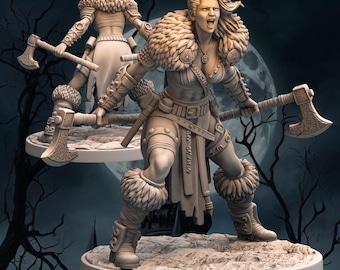 May include: A detailed figurine of a female warrior, wielding two axes, with a fur-lined shoulder piece and boots. The figure is in a dynamic pose, with the text "Aliva" in the upper right corner. The background features a full moon and bare tree branches.