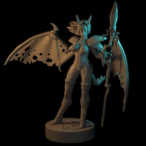 May include: A detailed figurine of a female demon warrior with bat-like wings, horns, and a tail. She is clad in armor and holding a spear. The figure is standing on a circular base against a black background.