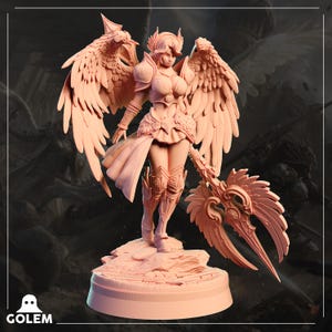 May include: A detailed figurine of a female warrior with large feathered wings, armour, and a weapon. The figure is standing on a rocky base. The colour is a light peach. The Golem logo is in the bottom left corner.