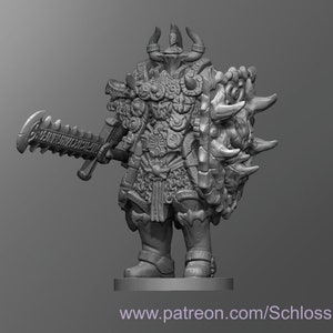 May include: A gray 3D printed miniature of a warrior figure wearing ornate armor and holding a sword and shield. The figure is standing on a round base with the text "www.patreon.com/Schlossbauer" printed on it.