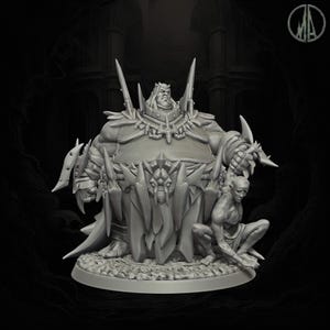 May include: A gray, detailed miniature figurine of a large, armored, and imposing figure with a crown and a smaller figure kneeling at its feet.