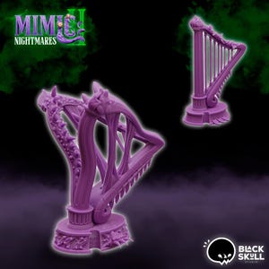 May include: Purple 3D printed harp with a tentacle design. The harp is a tabletop miniature and is part of the Mimic II Nightmares game.