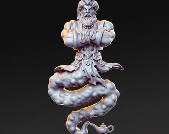 May include: A gray 3D printed figurine of a genie emerging from a lamp. The genie is wearing a turban and has a beard. The genie is standing with arms crossed and a serious expression.