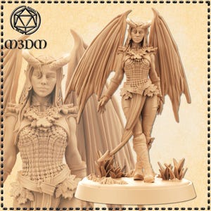 May include: A detailed miniature figurine of a female demon with horns, wings, and a tail. She is wearing a leather armor with leaf-like details and a flowing skirt. The figurine is painted in a light brown color and is standing on a base with grass.