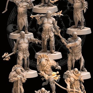 May include: A set of 12 unpainted miniature Orc Berserkers, a fantasy wargaming figure set. The figures are posed in various dynamic stances, wielding axes and swords. The miniatures are made of a gray plastic material.