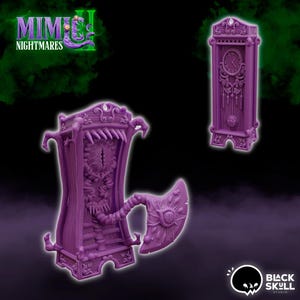 May include: Purple 3D printed miniature of a clock with a monstrous face and a separate axe-like appendage. The clock face has a single eye and a mouth with sharp teeth. The clock is labeled "Mimic II Nightmares".