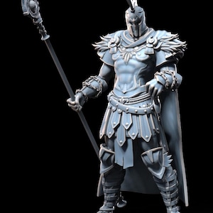 Peut inclure: Figurine grise d'un guerrier en armure complète, tenant une lance avec un motif circulaire détaillé en haut. La figurine porte un casque, une armure d'épaule et une cape. La figurine est sur une base noire.