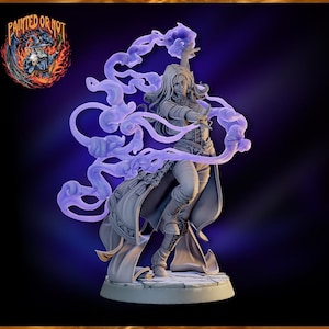 May include: A detailed figurine of a female fantasy character with long hair, wearing a long coat and holding a staff. The figure is surrounded by purple energy. The logo "Painted or Not" is in the upper left corner.