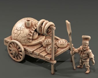 May include: A miniature wooden bakery cart with a domed oven, wheels, and a display of pies. A small figure of a baker holds a wooden paddle. The cart also features a rack with baked goods.