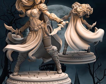 May include: A detailed, off-white figurine of a female warrior holding two curved blades. She wears armor, a flowing cape, and is posed on a circular base. The word "Noxie" is in the upper right corner. The background features a full moon and a dark, gothic landscape.