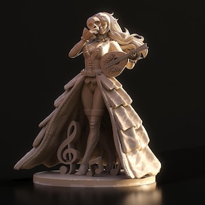 May include: A detailed sculpture of a woman in a flowing gown, holding a skull and a lute. The figure is adorned with a corset, boots, and a long coat. A musical note and a treble clef are at the base.