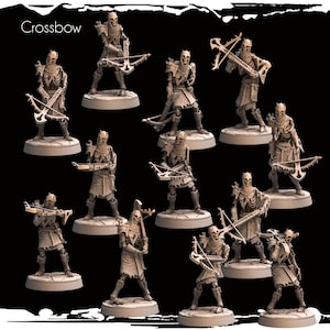 May include: A set of ten skeletal figures holding crossbows, each figure is posed in a different action, the figures are painted in a light brown colour, the figures are standing on round bases.