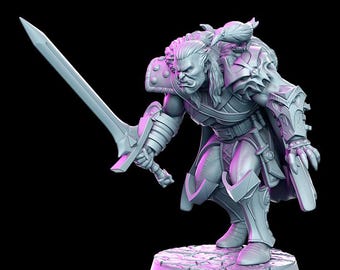 May include: A gray, detailed miniature figurine of an orc warrior holding a sword. The orc is wearing armor and a cloak. The figurine is standing on a gray base.