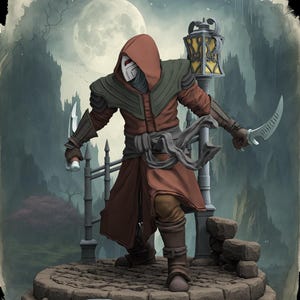 Peut inclure: Illustration numérique d'une figure en robe à capuche, tenant deux lames courbes. La figure se tient sur une plateforme en pierre avec une pleine lune en arrière-plan. La palette de couleurs comprend des nuances de rouge, de marron et de vert.