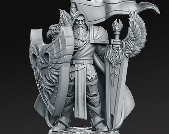 May include: A gray, detailed miniature figurine of a warrior holding a sword and shield. The warrior is wearing armor and a cloak, and has a beard and a stern expression. The shield is decorated with a winged design.