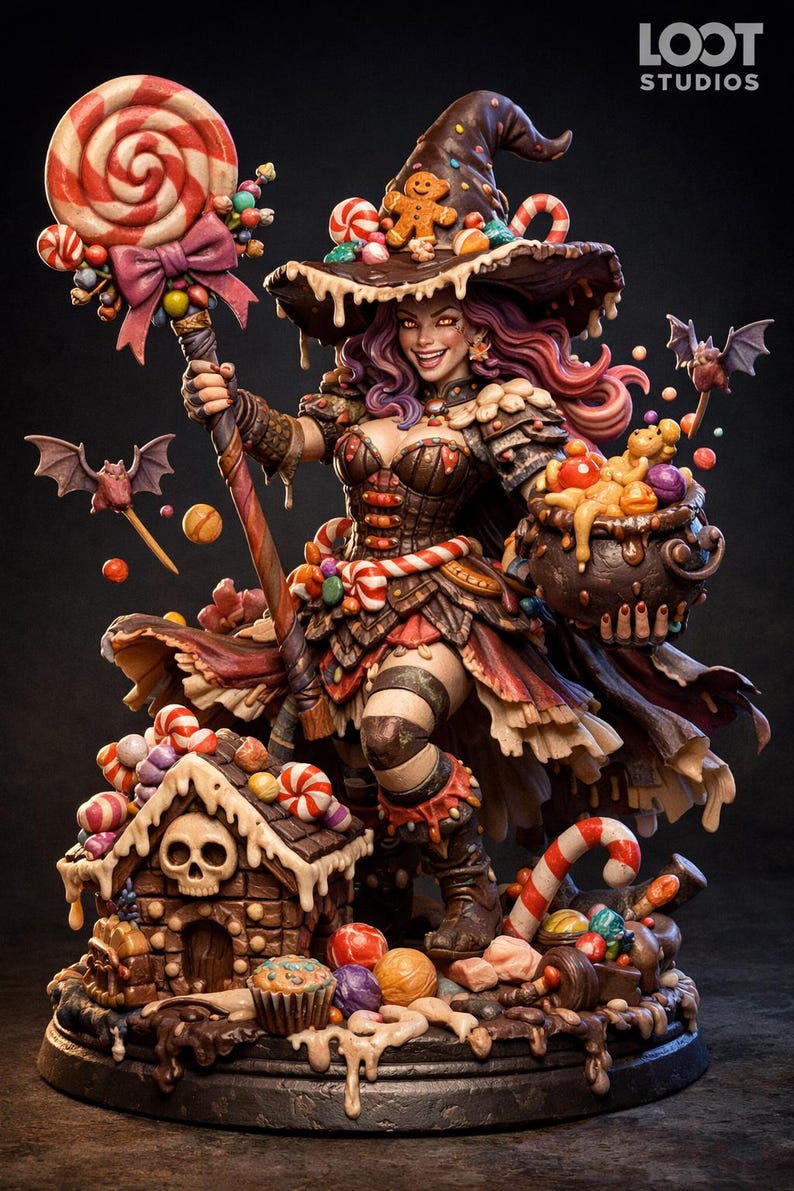 May include: A detailed figurine of a witch character wearing a chocolate-themed outfit and hat, holding a large lollipop staff and a cauldron filled with candy. A small gingerbread house with a skull sits at the base, surrounded by various sweets.