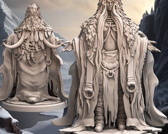 May include: A detailed, unpainted miniature figurine of a female figure wearing a long, feathered cloak and intricate jewelry. The figure is standing on a circular base. The miniature is labeled "Icestorm Matron A".